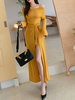 Maxikleid Langarm Sommerkleider lang Gelb Damenmode mit Carmenausschnitt für Herbst und Straßen-Style maxi kleid Baumwolle Kleider