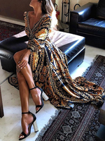Maxikleid Langarm Sommerkleider lang Gelb Damenmode V-Ausschnitt mit Pop-Art Muster für Sommer maxi kleid und Urlaub Polyester Kleider