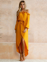 Maxikleid Langarm Sommerkleider lang Gold Damenmode mit Carmenausschnitt für Herbst und Alltag maxi kleid gemischten Baumwollen Kleider