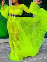 Maxikleid Langarm Sommerkleider lang Grasgrün Damenmode mit Rundkragen für Herbst und Winter und Straßen-Style maxi kleid Tüll Kleider