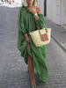 Maxikleid Langarm Sommerkleider lang Grün Damenmode Einschulter und Herbst und Straßen-Style maxi kleid Baumwolle Kleider