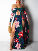 Maxikleid Langarm Sommerkleider lang Grün Damenmode mit Carmenausschnitt und Printmuster für Sommer maxi kleid und Alltag Polyester Kleider
