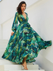 Maxikleid Langarm Sommerkleider lang Grün Damenmode V-Ausschnitt mit Blattmuster für Herbst maxi kleid und Straßen-Style Chiffon Kleider