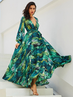 Maxikleid Langarm Sommerkleider lang Grün Damenmode V-Ausschnitt mit Blattmuster für Herbst maxi kleid und Straßen-Style Chiffon Kleider