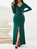 Maxikleid Langarm Sommerkleider lang Grün Damenmode V-Ausschnitt und Frühling und Abend maxi kleid Polyester Kleider