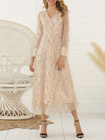 Maxikleid Langarm Sommerkleider lang Hellgolden V-Ausschnitt für Frühling und Herbst und Straßen-Style maxi kleid mit Pailletten bestickt