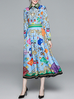 Maxikleid Langarm Sommerkleider lang Hellschiefergrau Damenmode mit Umlegekragen und Buchstaben Muster für Frühling maxi kleid und Indoor Polyester