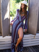 Maxikleid Langarm Sommerkleider lang Pflaume Damenmode V-Ausschnitt mit Print für Frühling Bohemian Kleider maxi kleid und Alltag Baumwolle Kleider