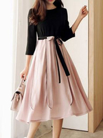 Maxikleid Langarm Sommerkleider lang Rosa Damenmode mit Rundkragen und Farbblock für Sommer und Frühling maxi kleid und Straßen-Style Polyester