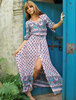 Maxikleid Langarm Sommerkleider lang Rosa Damenmode V-Ausschnitt mit Karo-Muster für Sommer Bohemian Kleider maxi kleid Polyester Kleider