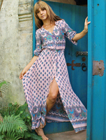 Maxikleid Langarm Sommerkleider lang Rosa Damenmode V-Ausschnitt mit Karo-Muster für Sommer Bohemian Kleider maxi kleid Polyester Kleider