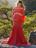 Maxikleid Langarm Sommerkleider lang Rot Damenmode mit Carmenausschnitt für Sommer und Urlaub maxi kleid gemischten Baumwollen Kleider