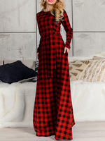 Maxikleid Langarm Sommerkleider lang Rot Damenmode mit Rundkragen und Plaidmuster für Frühling maxi kleid und Abend Flachsbaumwolle Kleider