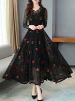 Maxikleid Langarm Sommerkleider lang Rot Damenmode V-Ausschnitt mit Print für Frühling maxi kleid Büro & Karriere Polyester Kleider