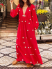Maxikleid Langarm Sommerkleider lang Rot V-Ausschnitt mit Polka-Tupfen für Herbst und Sommer und Frühling maxi kleid und Openair Baumwolle