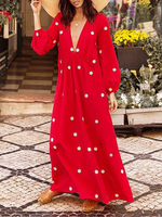 Maxikleid Langarm Sommerkleider lang Rot V-Ausschnitt mit Polka-Tupfen für Herbst und Sommer und Frühling maxi kleid und Openair Baumwolle