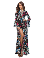 Maxikleid Langarm Sommerkleider lang Schwarz - rot V-Ausschnitt mit Print für Sommer und Frühling maxi kleid Beach Strand gemischten Baumwollen