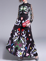 Maxikleid Langarm Sommerkleider lang Schwarz Damenmode mit Rundhalsausschnitt und Leopard-Korn Optik für Herbst maxi kleid und Openair Polyester
