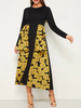 Maxikleid Langarm Sommerkleider lang Schwarz Damenmode mit Rundkragen und Printmuster für Herbst maxi kleid und Straßen-Style Baumwolle Kleider