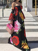 Maxikleid Langarm Sommerkleider lang Schwarz Damenmode trägerlos mit Printmuster für Sommer maxi kleid und Straßen-Style Polyester Kleider