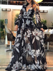 Maxikleid Langarm Sommerkleider lang Schwarz Damenmode V-Ausschnitt mit Printmuster für Sommer maxi kleid und Alltag Chiffon Kleider