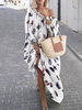 Maxikleid Langarm Sommerkleider lang Weiß Damenmode Einschulter mit Tiermuster für Herbst maxi kleid und Straßen-Style Polyester Kleider