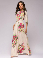Maxikleid milchweiß Sommerkleider lang mit Print 1/2 Ärmel Damenmode maxi kleid und Rundkragen Polyester und Schleife für Sommer Kleider