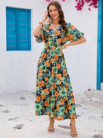 Maxikleid mit Blumendruck und V-Ausschnitt und kurzen Ärmeln für den Sommer 2025