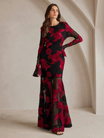 Maxikleid mit Blumenstickerei transparenten Ärmeln und offenem Rücken für Party 2025