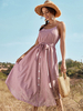 Maxikleid mit Juwelenausschnitt; ärmelloses Polyester; lässiges; bodenlanges Kleid mit Blumendruck