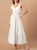 Maxikleid mit Streifen am Hals; ärmelloses Polyester; lässig; geschnürt; weißes; langes Sommerkleid