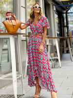 Maxikleid mit V-Ausschnitt kurzen Ärmeln langes Kleid aus Polyester mit bedruckter Schärpe