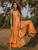 Maxikleid mit V-Ausschnitt ärmelloses bodenlanges Kleid aus bedrucktem Polyester