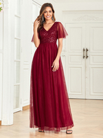 Maxikleid mit V-Ausschnitt Pailletten-Mieder Schmetterlingsärmel Ballkleider