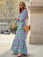 Maxikleid mit V-Ausschnitt und langen Ärmeln lässig bedruckt langes Kleid