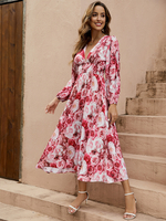 Maxikleid mit V-Ausschnitt und langen Ärmeln und Rosen-Blumendruck für den Sommer 2025