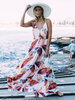 Maxikleid Orange Sommerkleider lang mit Print ärmellos Damenmode maxi kleid V-Ausschnitt gemischten Baumwollen und Falten und Schnüren für Sommer
