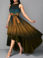 Maxikleid Orange Sommerkleider lang mit Sternemuster ärmellos Damenmode maxi kleid und Rundkragen Polyester und High-Low Design und Schleife