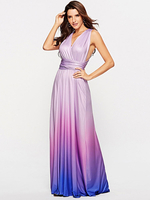 Maxikleid ärmellos Langes Kleid V-Ausschnitt Michartige Seide Lila und Farbverlauf und überkreuzten Trägern am Rücken geknotet Party Kleid