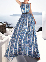 Maxikleid ärmellos Sommerkleider lang Hellschiefergrau Damenmode mit Rundkragen und Print für Sommer maxi kleid und Straßen-Style Polyester Kleider