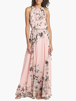 Maxikleid ärmellos Sommerkleider lang Peach Damenmode und Rundhalsausschnitt und Print für Sommer maxi kleid und Abiball Chiffon Kleider