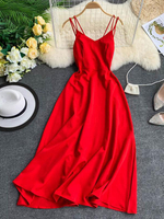 Maxikleid ärmellos Sommerkleider lang Rot Damenmode V-Ausschnitt mit Spaghettiträger für Sommer maxi kleid und Familienfeier Polyester Kleider