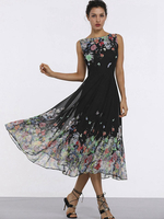 Maxikleid ärmellos Sommerkleider lang Schwarz Damenmode mit Rundkragen und Printmuster für Sommer maxi kleid und Straßen-Style Chiffon Kleider
