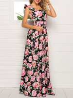 Maxikleid ärmellos Sommerkleider lang Schwarz Damenmode viereckiger Ausschnitt mit Printmuster für Sommer maxi kleid und Alltag Polyester Kleider