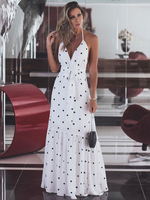 Maxikleid ärmellos Sommerkleider lang Weiß Damenmode V-Ausschnitt mit Polka-Tupfen für Sommer maxi kleid und Alltag Polyester Kleider