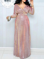 Maxikleid Rosa Sommerkleider lang 3/4 Ärmel V-Ausschnitt Damenmode maxi kleid Polyester mit Taschen für Herbst Kleider
