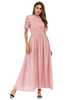 Maxikleid Rosa Sommerkleider lang Kurzarm mit Rundkragen Damenmode maxi kleid Chiffon und figurbetonendem Design und Spitzen für Herbst Kleider