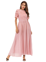 Maxikleid Rosa Sommerkleider lang Kurzarm mit Rundkragen Damenmode maxi kleid Chiffon und figurbetonendem Design und Spitzen für Herbst Kleider