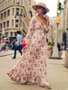 Maxikleid Rosa Sommerkleider lang mit Print Langarm Damenmode maxi kleid V-Ausschnitt gemischten Baumwollen und Falten und Rüschen für Sommer Kleider