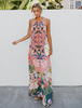 Maxikleid Rosa Sommerkleider lang mit Printmuster ärmellos Damenmode maxi kleid und Halter Polyester und rückenfreiem Design geknotet für Sommer